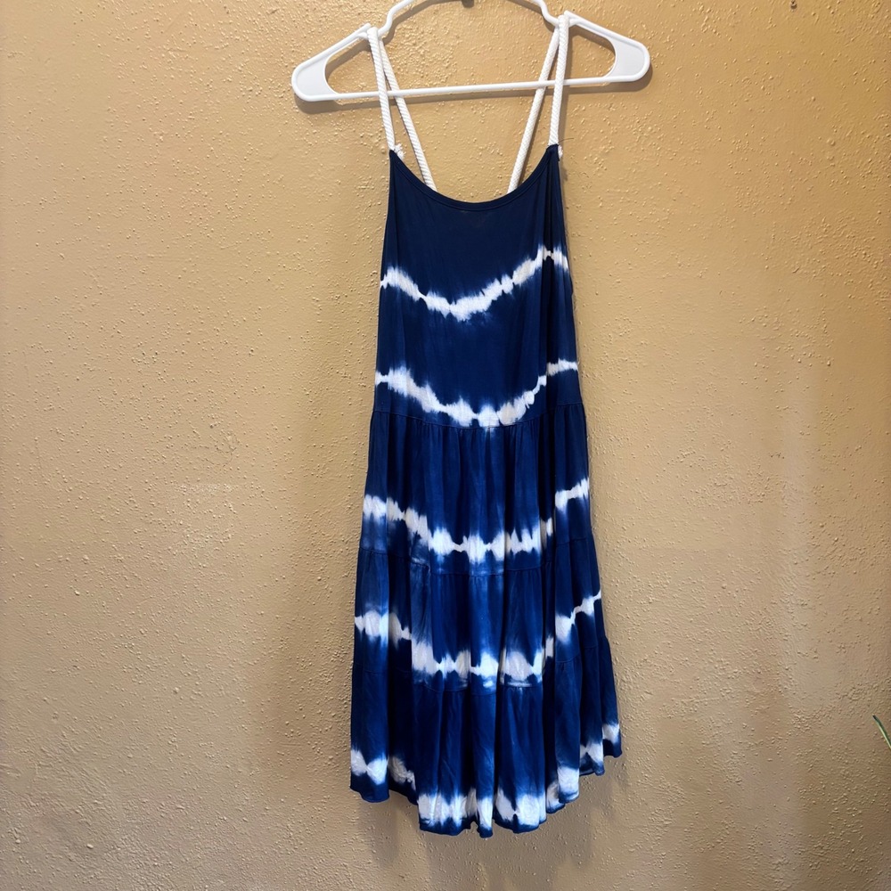 Ocean Drive Clothing Co Tie Dye Navy White Spaghetti Strap Tiered Dress L